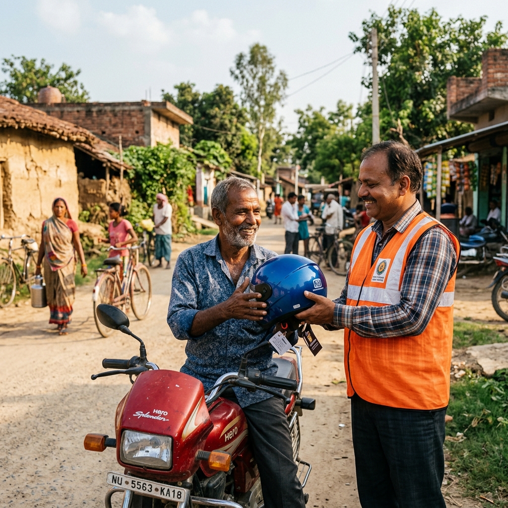 Safe Roads for All Campaign - Volunteers distributing helmets in a rural village